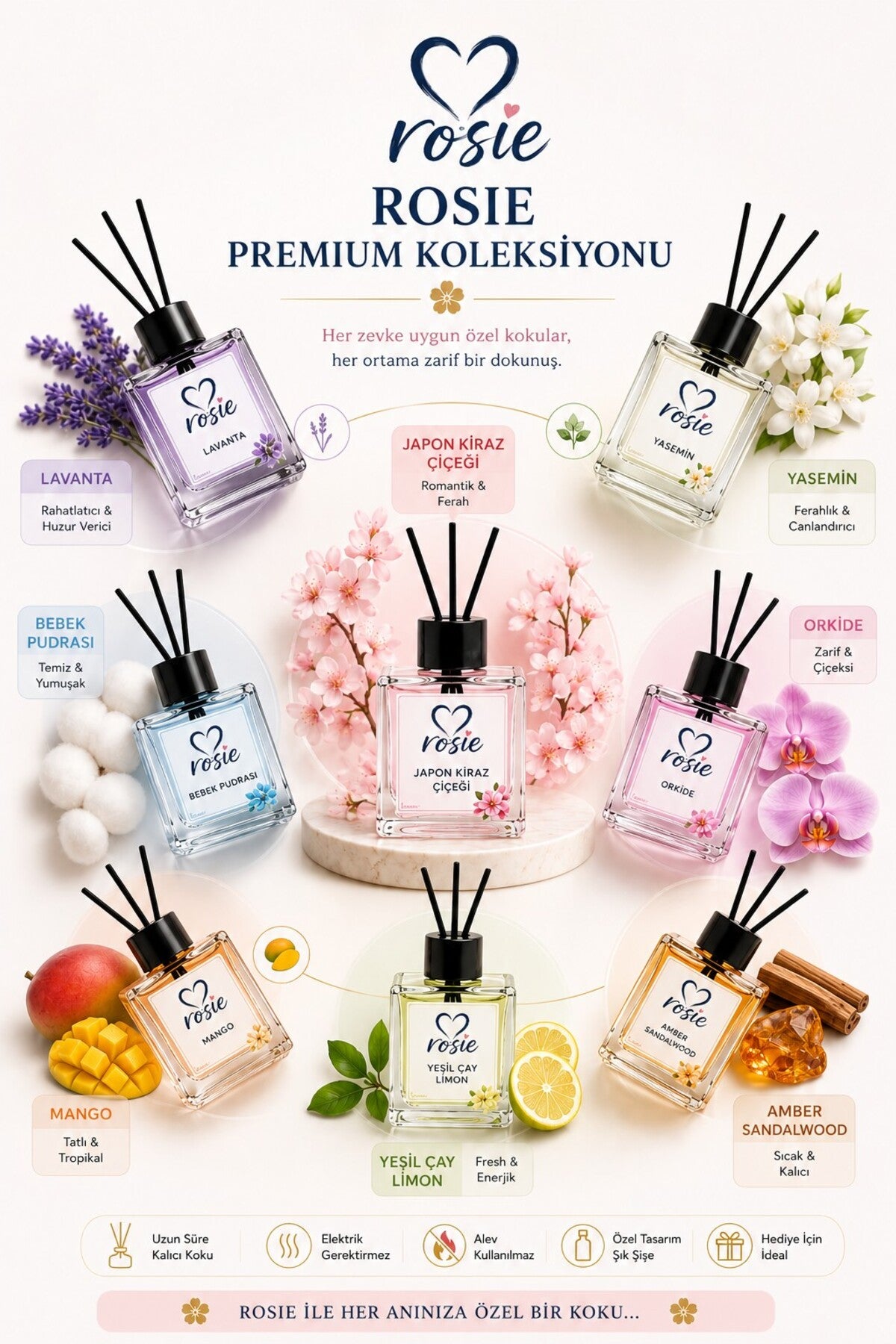 Rosie Japon Kiraz Çiçeği Çubuklu Oda Kokusu 50 ml, Premium Cam Şişe, Kalıcı Ortam Kokusu, Dekoratif Reed Diffuser