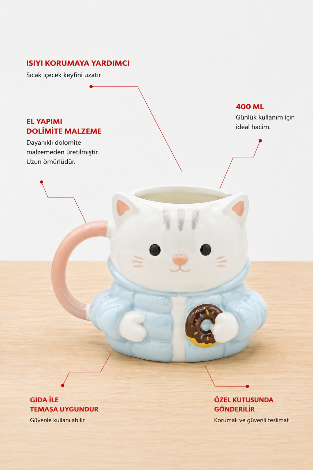 Ceketli Kedi Figürlü Kupa, El Yapımı, Kahve Kupası, Mug, 400 ml