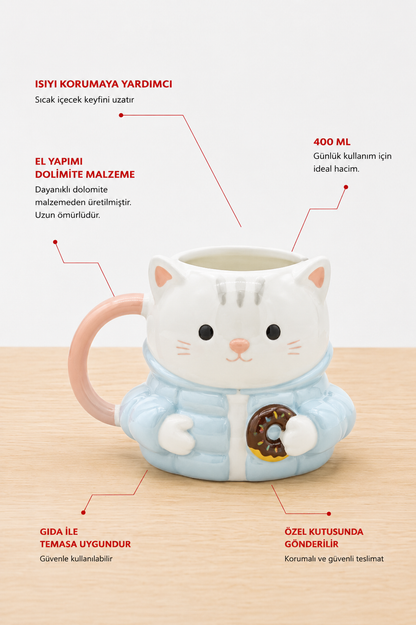 Ceketli Kedi Figürlü Kupa, El Yapımı, Kahve Kupası, Mug, 400 ml