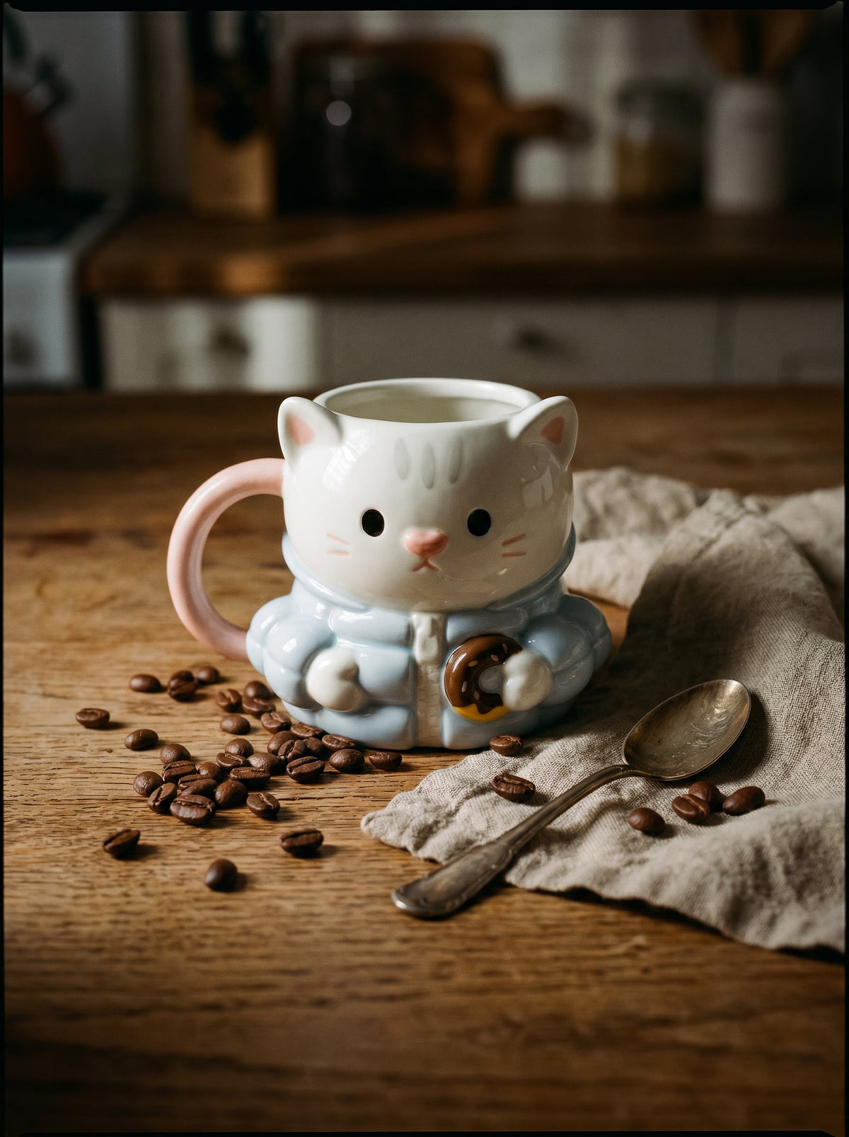 Ceketli Kedi Figürlü Kupa, El Yapımı, Kahve Kupası, Mug, 400 ml