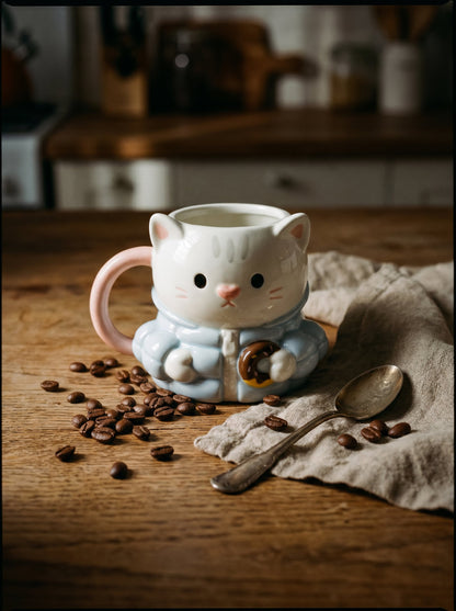 Ceketli Kedi Figürlü Kupa, El Yapımı, Kahve Kupası, Mug, 400 ml