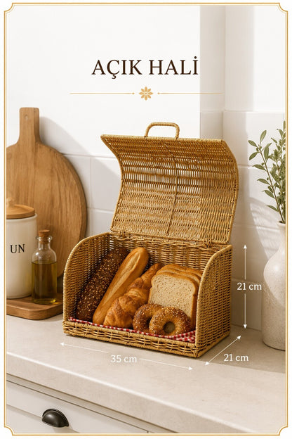Ekmek Dolabı Kapaklı, Hasır Detaylı 35 cm