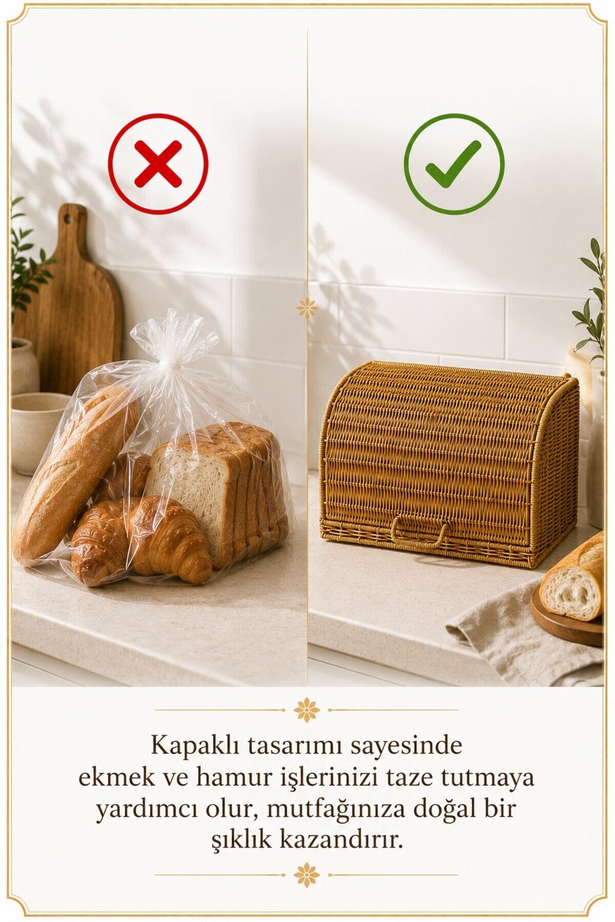 Ekmek Dolabı Kapaklı, Hasır Detaylı 35 cm