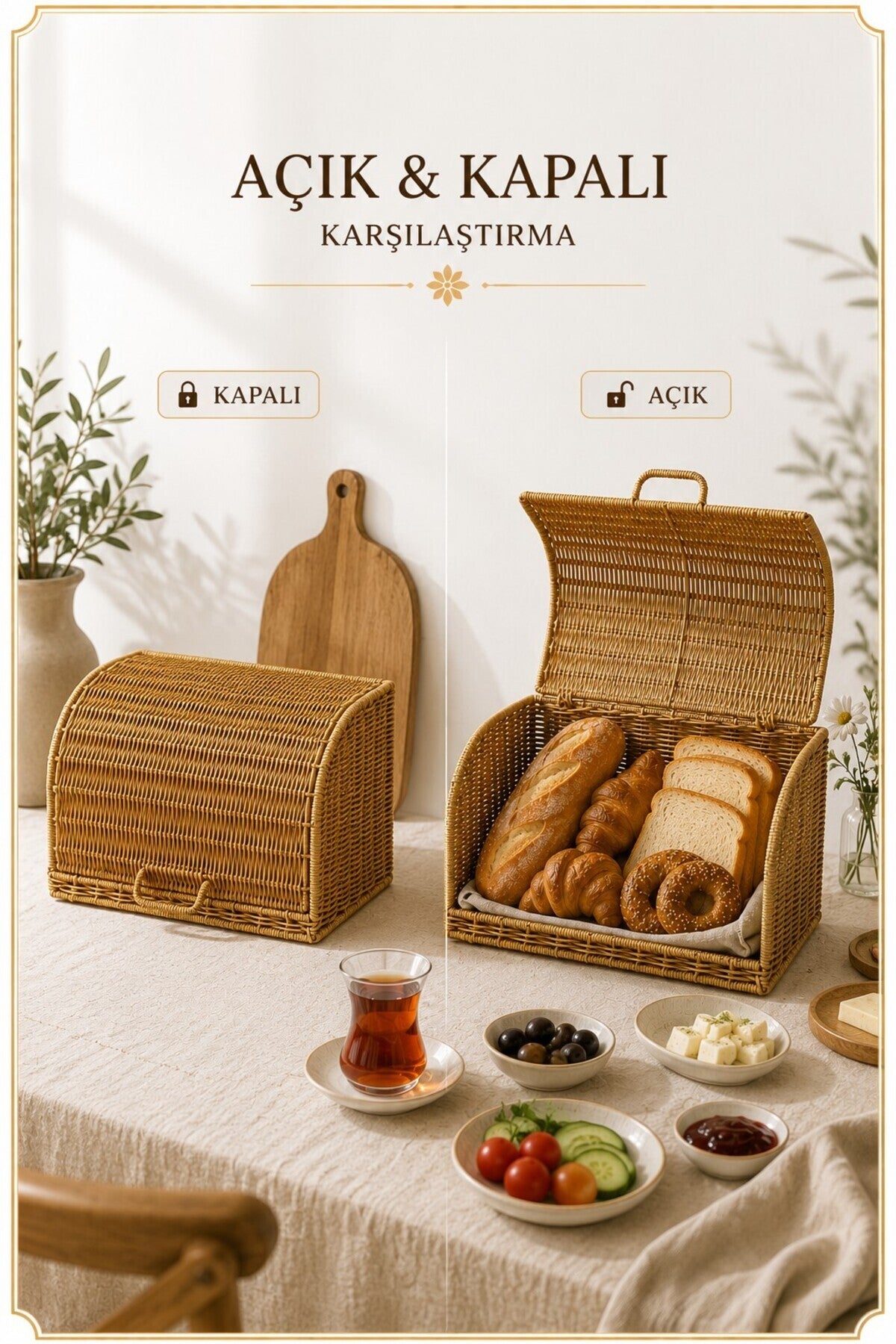 Ekmek Dolabı Kapaklı, Hasır Detaylı 35 cm