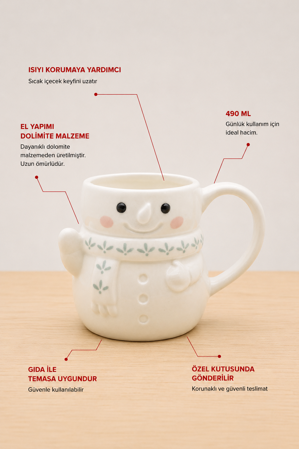 Kardan Adam Figürlü Seramik Kupa, Çay ve Kahve için Bardak 490 ml
