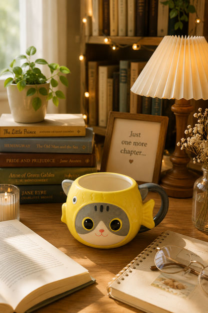 Kedi Balık Figürlü El Yapımı Seramik Kupa, Kahve Fincanı, Mug 450 ml