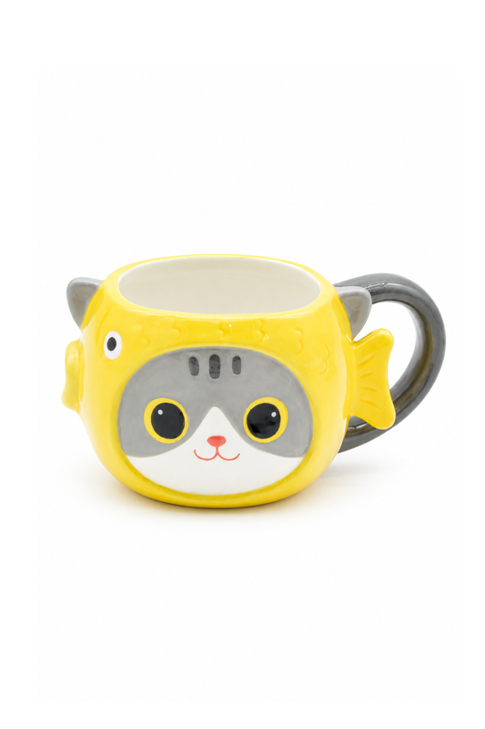 Kedi Balık Figürlü El Yapımı Seramik Kupa, Kahve Fincanı, Mug 450 ml