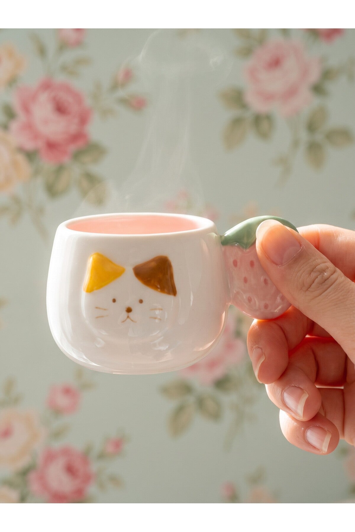 Kedi Desenli Çilek Kulplu 2'li Kahve Fincanı 140 ml