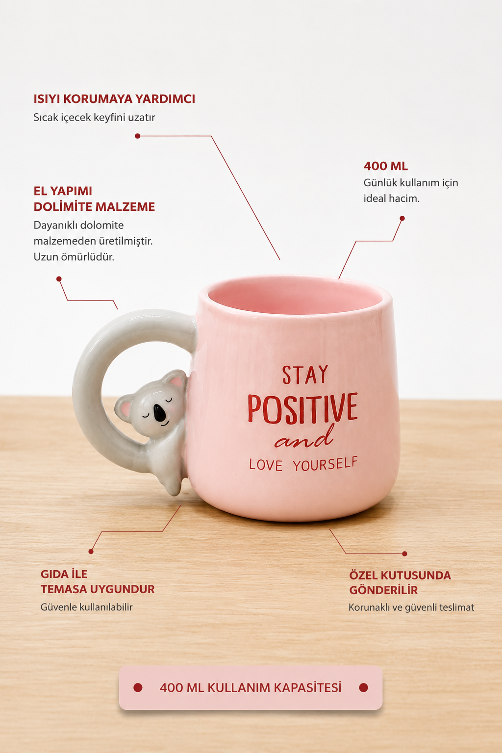 Koala Figürlü Dolomite Kupa Mug, 400 ml