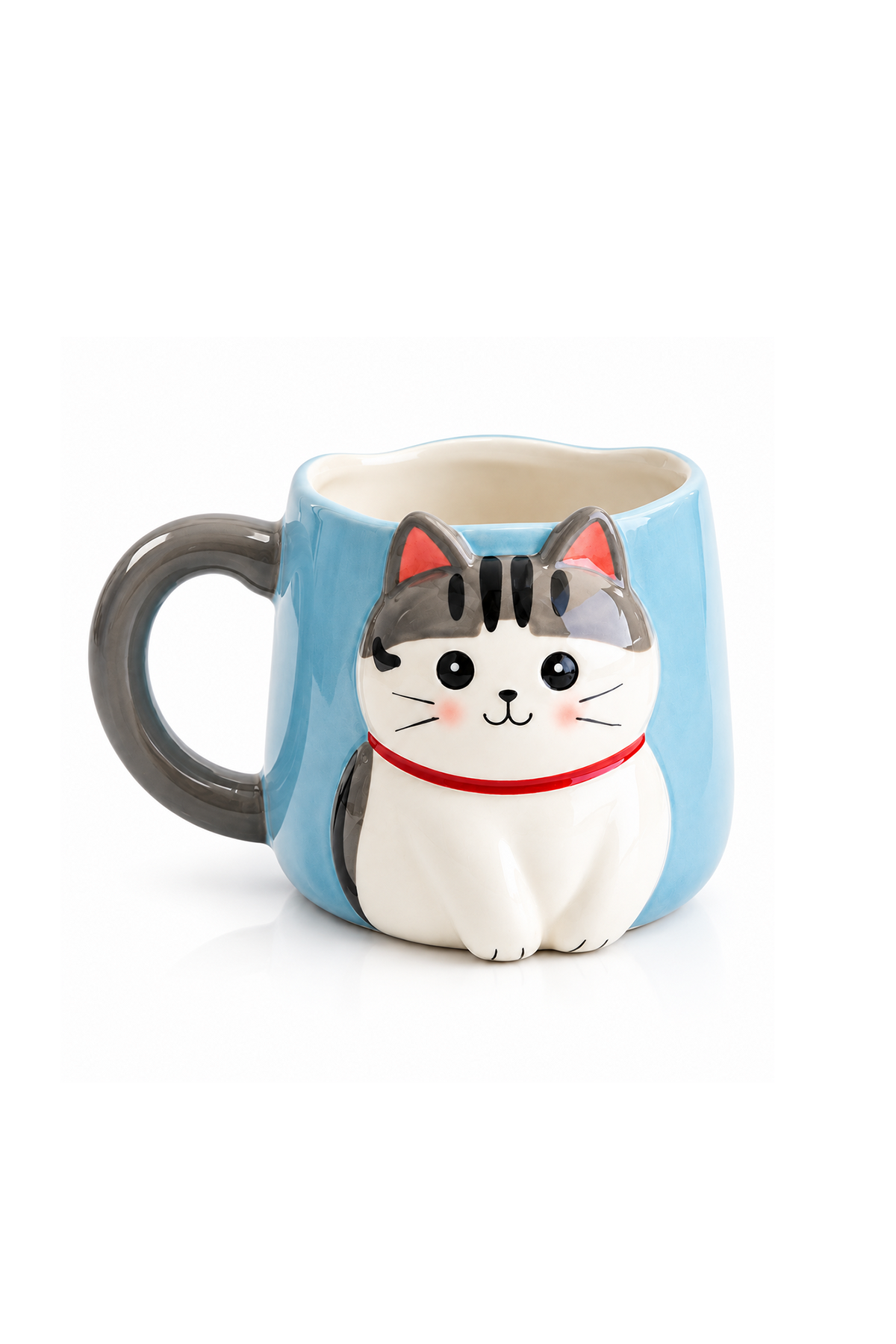 Kuyruk Detaylı Kulp, Açık Mavi 3D Kedi Figürlü Kupa 405 ml