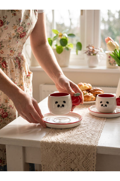 Panda Desenli Kiraz Kulplu 2'li Kahve Fincanı 140 ml