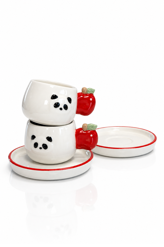 Panda Desenli Kiraz Kulplu 2'li Kahve Fincanı 140 ml