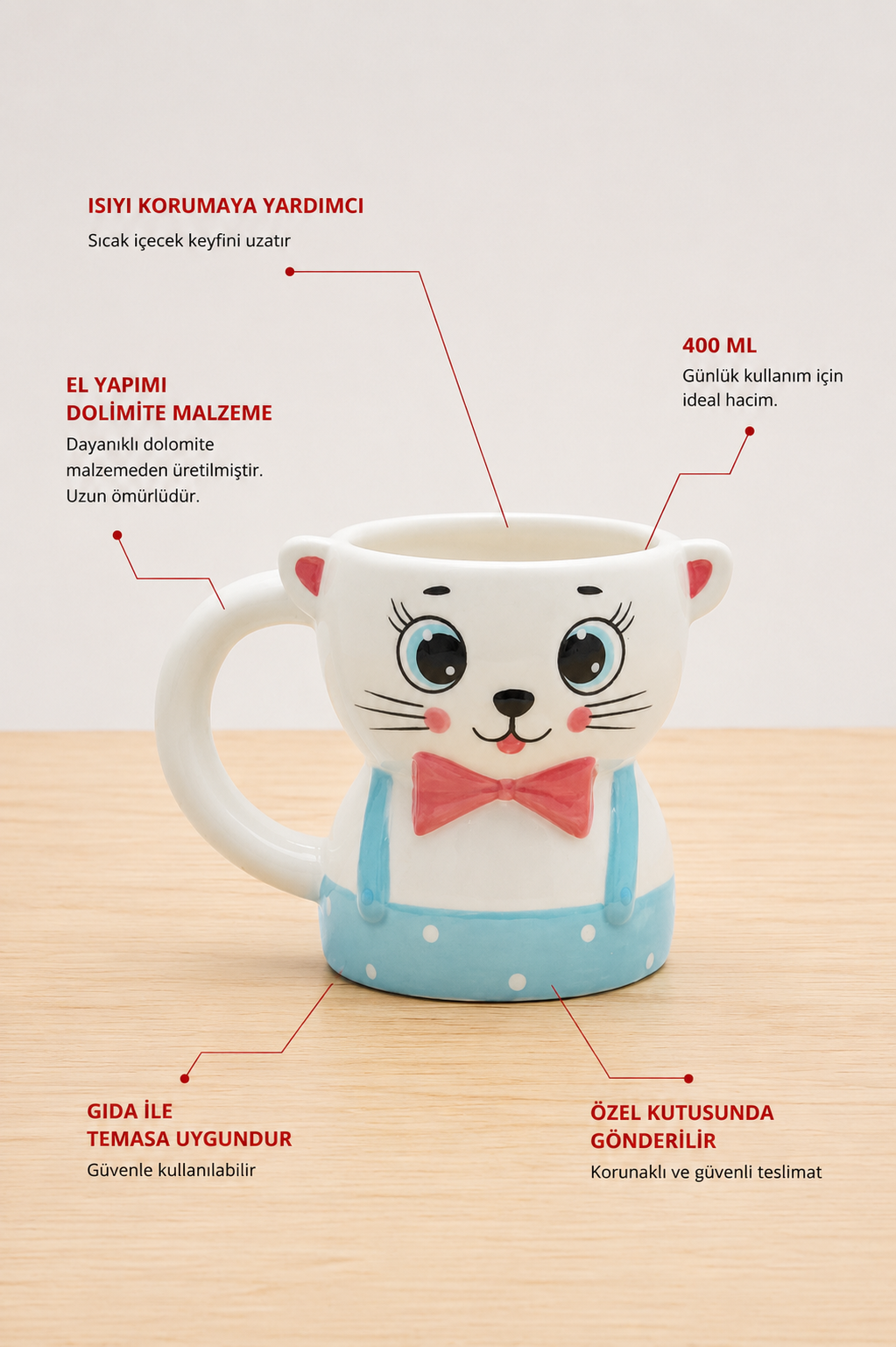 Papyonlu Kedi Figürlü El Yapımı Kupa - Mug, 450 ml