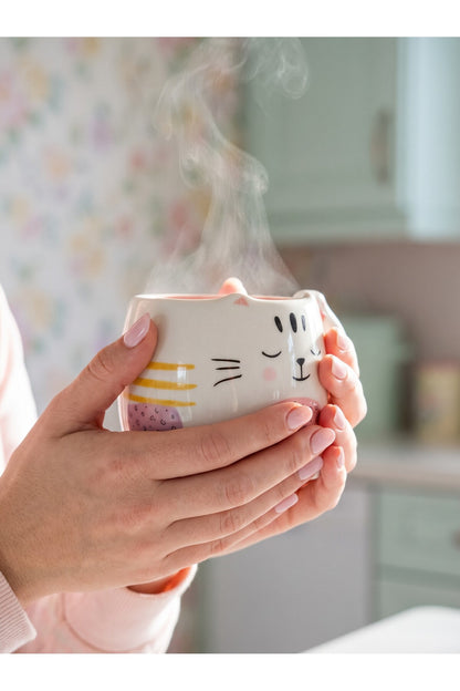 Pati izi detaylı kulp, ayaklı sevimli kedi yüzü desenli kupa 300 ml