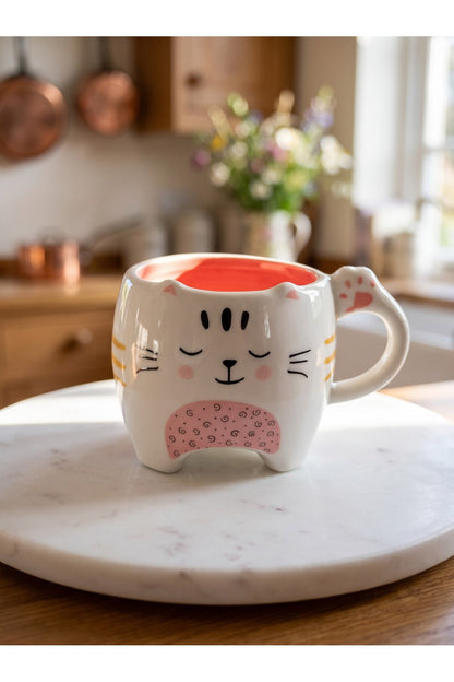 Pati izi detaylı kulp, ayaklı sevimli kedi yüzü desenli kupa 300 ml