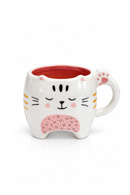Pati izi detaylı kulp, ayaklı sevimli kedi yüzü desenli kupa 300 ml