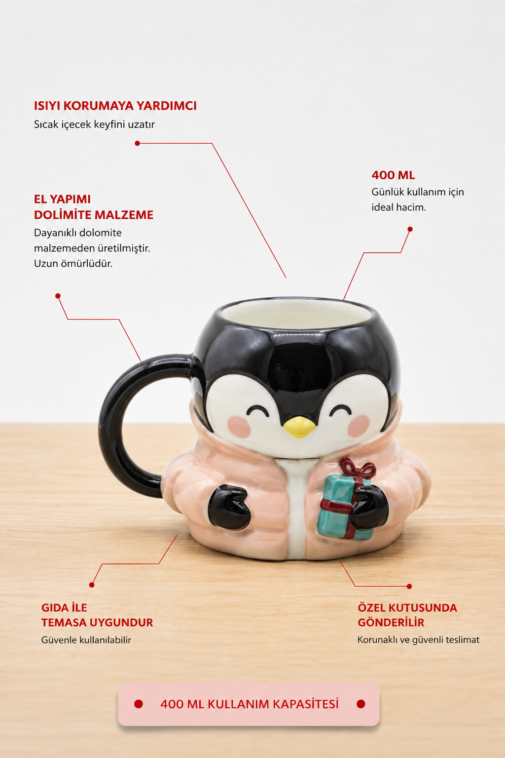 Penguen Figürlü Dolomite Kupa, Ceket Giyen Penguen, 400 ML Mug