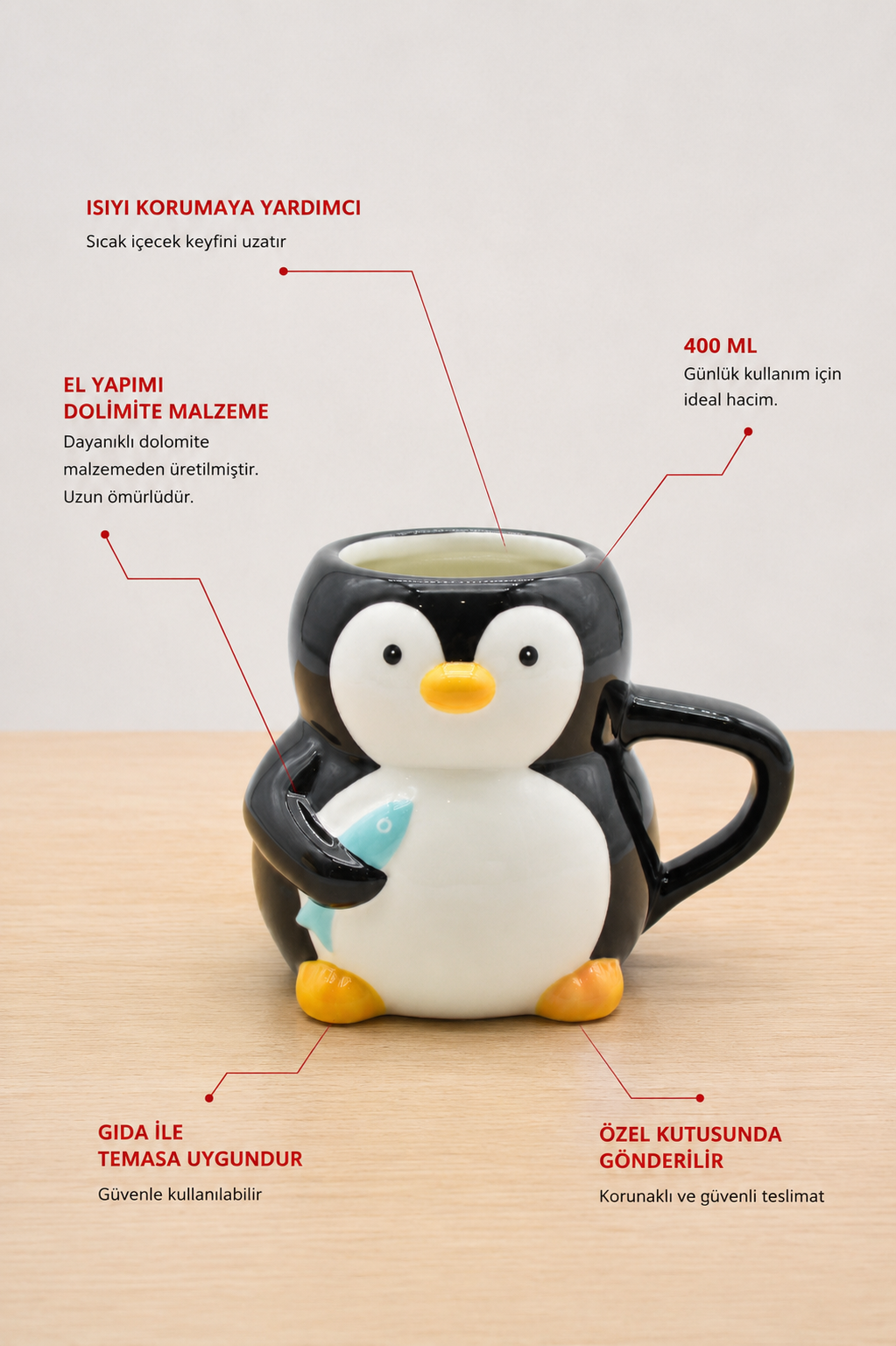 Penguen Figürlü El Yapımı Seramik Kupa, Mug, 420 ml