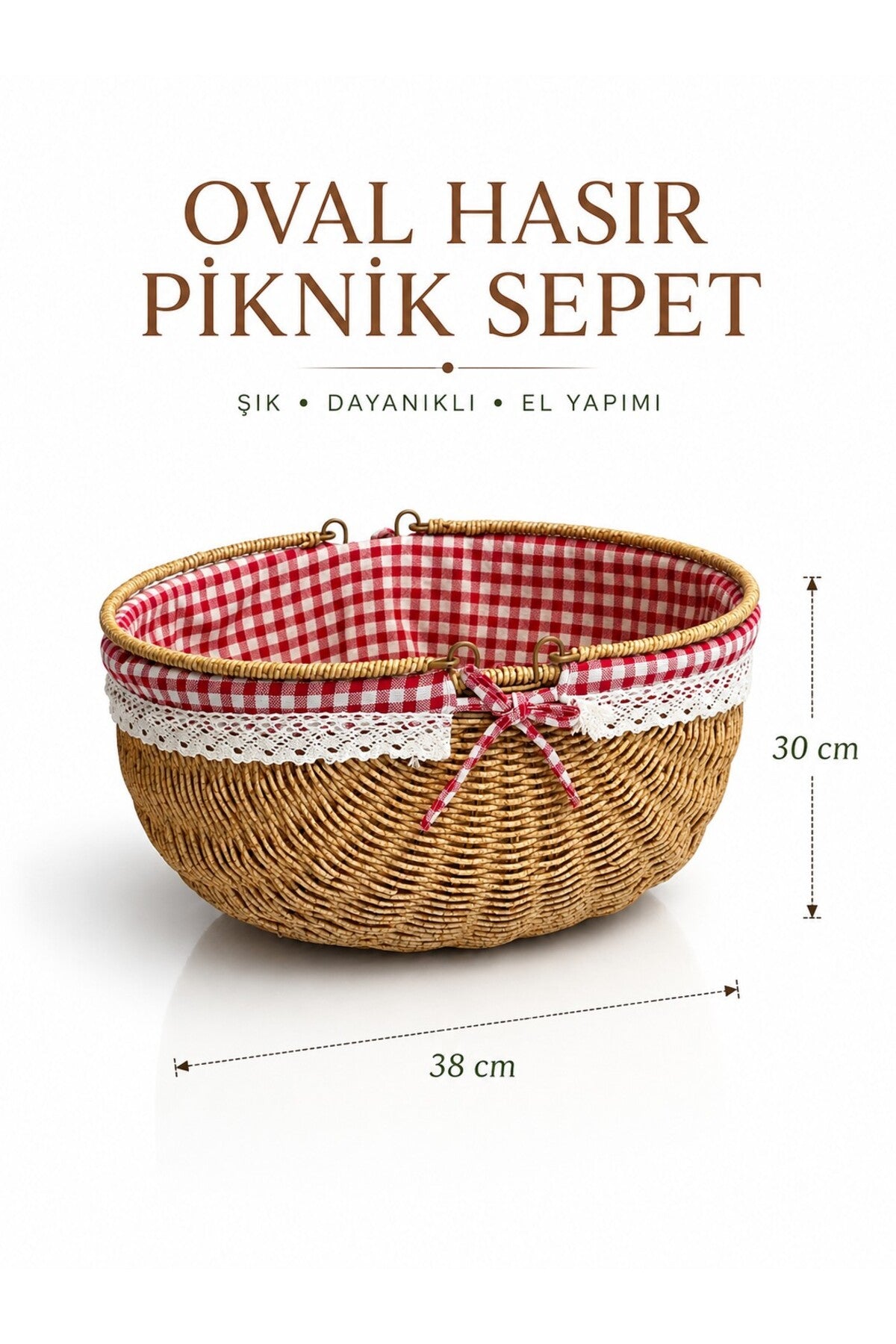 Piknik Sepeti Oval Hasır Detaylı 38 cm