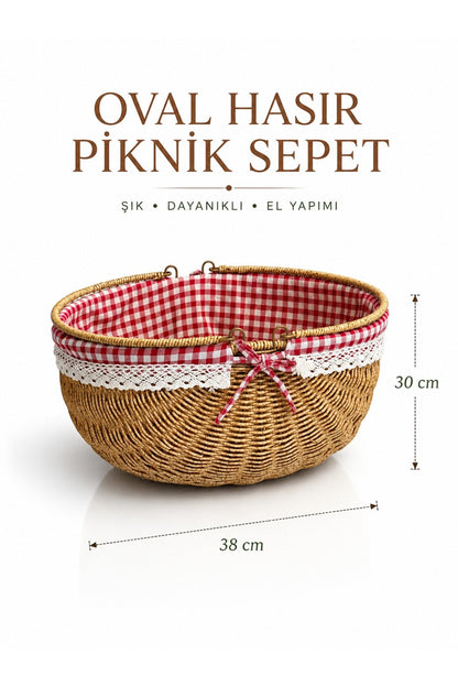 Piknik Sepeti Oval Hasır Detaylı 38 cm