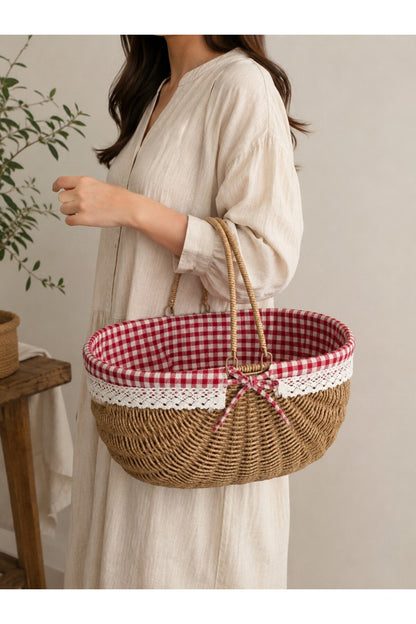 Piknik Sepeti Oval Hasır Detaylı 38 cm