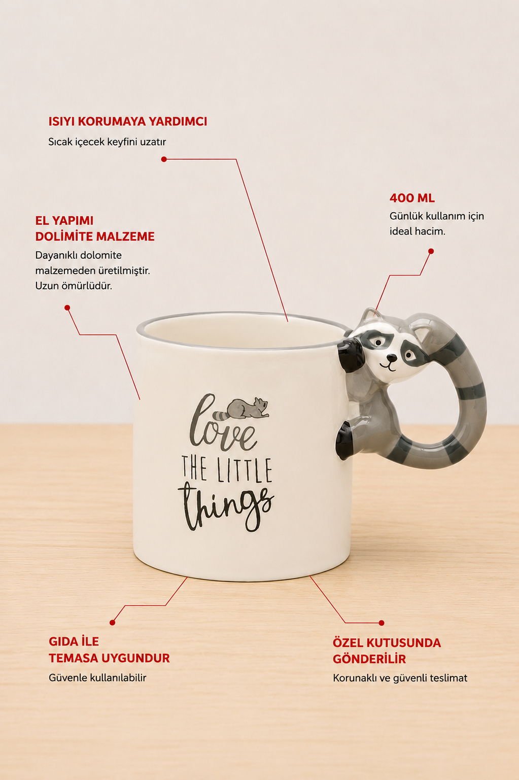 Rakun Figürlü El Yapımı Kupa - Mug, 400 ml
