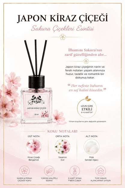 Rosie Japon Kiraz Çiçeği Çubuklu Oda Kokusu 50 ml, Premium Cam Şişe, Kalıcı Ortam Kokusu, Dekoratif Reed Diffuser