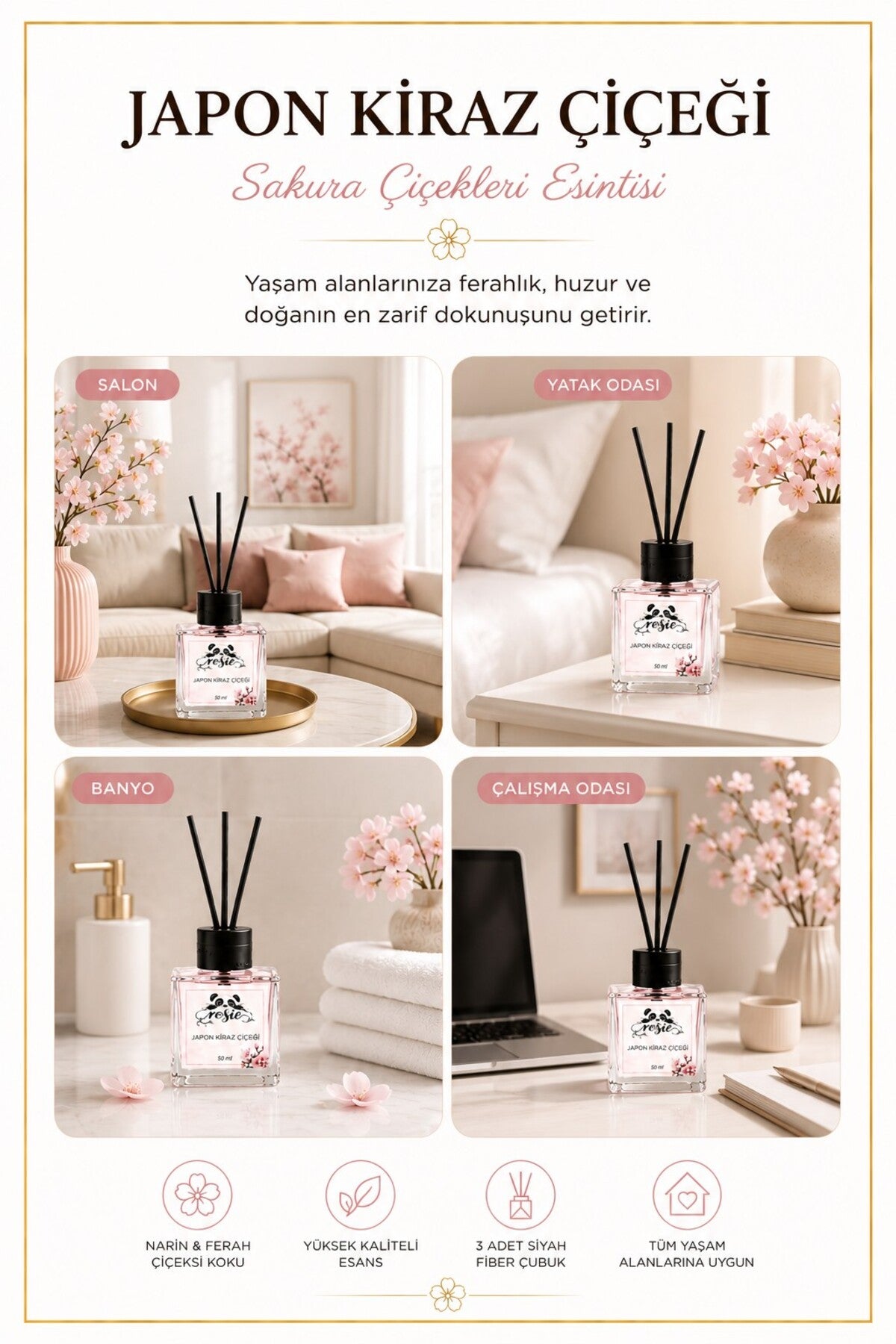 Rosie Japon Kiraz Çiçeği Çubuklu Oda Kokusu 50 ml, Premium Cam Şişe, Kalıcı Ortam Kokusu, Dekoratif Reed Diffuser