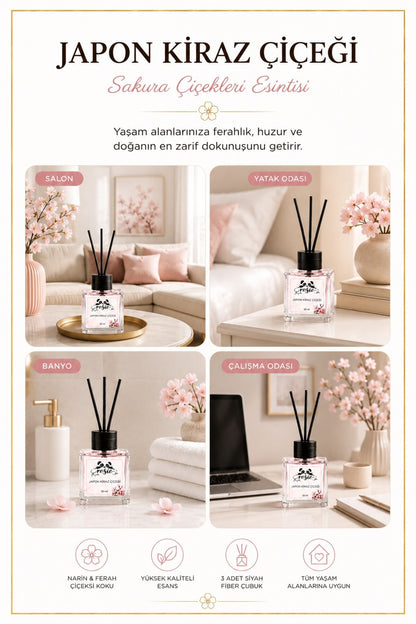 Rosie Japon Kiraz Çiçeği Çubuklu Oda Kokusu 50 ml, Premium Cam Şişe, Kalıcı Ortam Kokusu, Dekoratif Reed Diffuser
