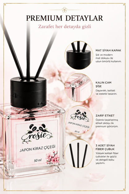 Rosie Japon Kiraz Çiçeği Çubuklu Oda Kokusu 50 ml, Premium Cam Şişe, Kalıcı Ortam Kokusu, Dekoratif Reed Diffuser