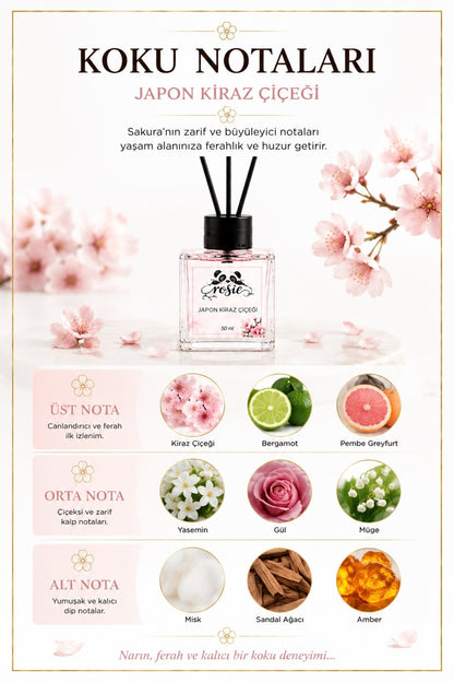 Rosie Japon Kiraz Çiçeği Çubuklu Oda Kokusu 50 ml, Premium Cam Şişe, Kalıcı Ortam Kokusu, Dekoratif Reed Diffuser