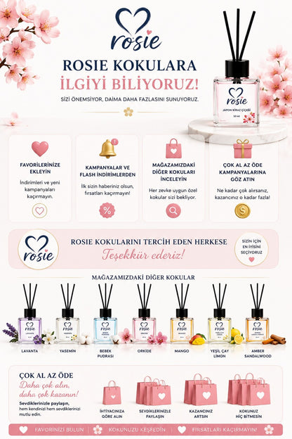 Rosie Japon Kiraz Çiçeği Çubuklu Oda Kokusu 50 ml, Premium Cam Şişe, Kalıcı Ortam Kokusu, Dekoratif Reed Diffuser