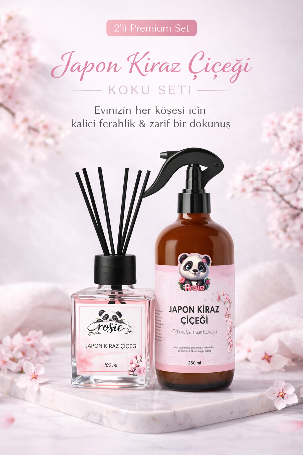 Rosie Japon Kiraz Çiçeği 250 ml Sprey + 100 ml Çubuklu Oda Kokusu Serisi