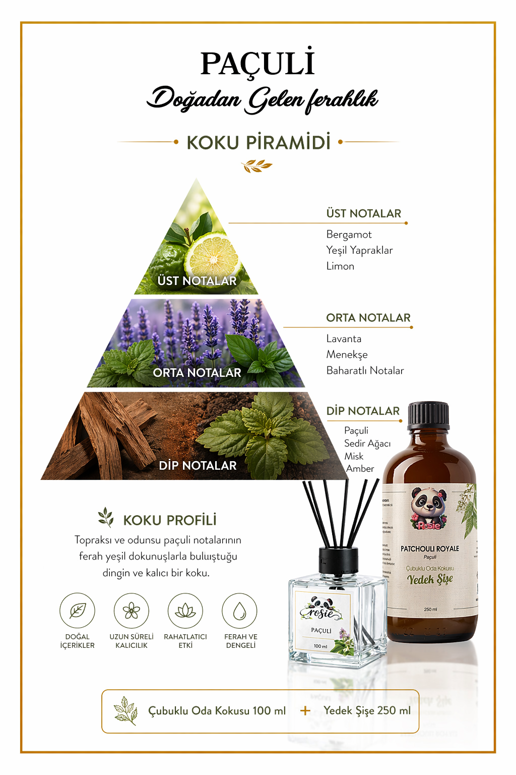 ROSIE Paçuli Koku Seti, Yedek Şişe 250 ml + Çubuklu Oda Kokusu 100 ml