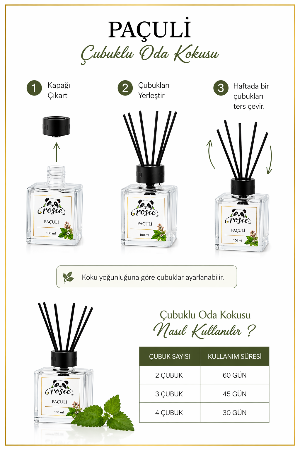 ROSIE Paçuli Koku Seti, Yedek Şişe 250 ml + Çubuklu Oda Kokusu 100 ml