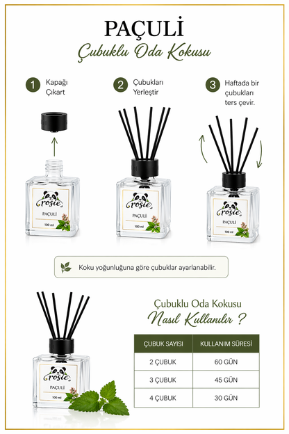ROSIE Paçuli Koku Seti, Yedek Şişe 250 ml + Çubuklu Oda Kokusu 100 ml
