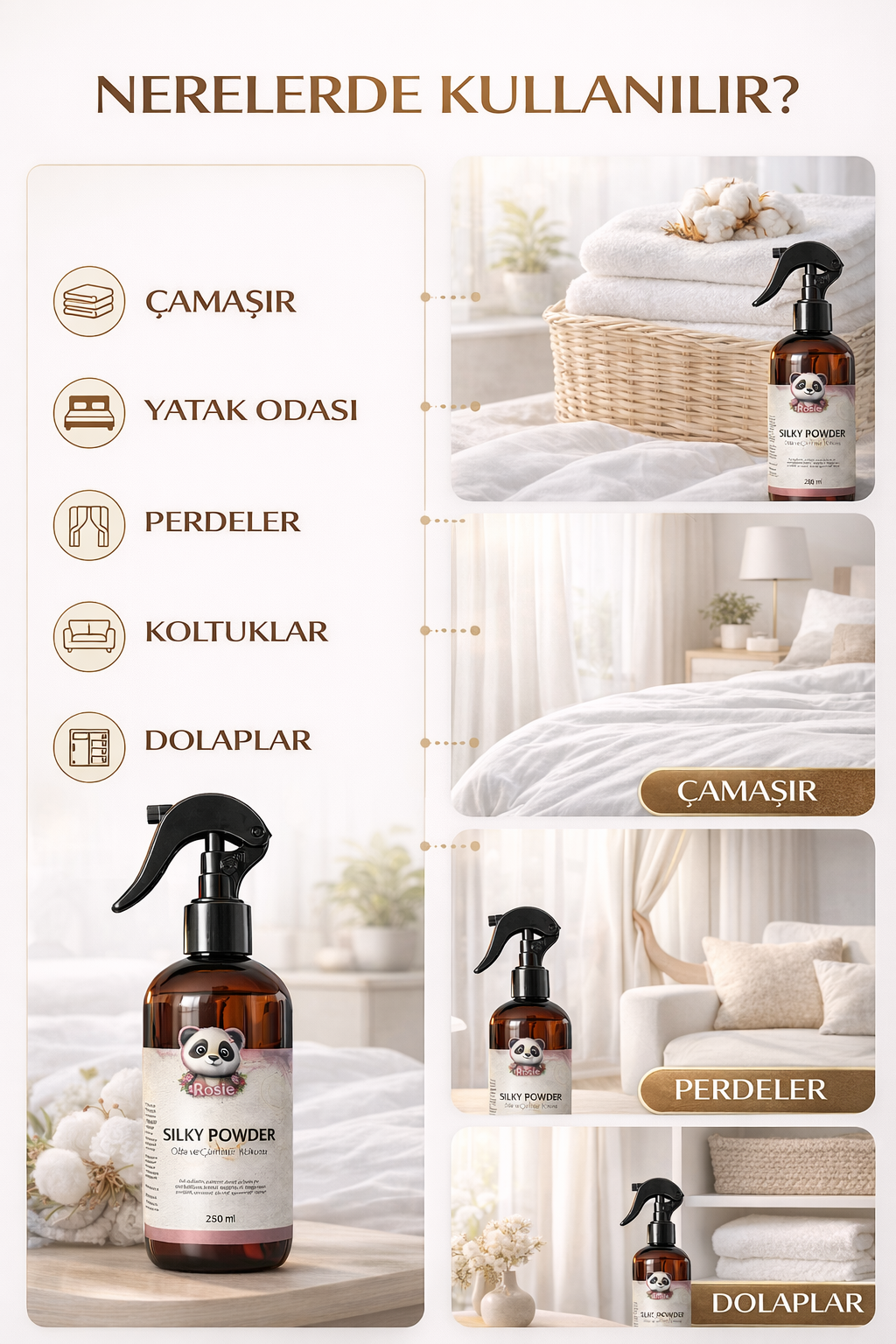 Rosie Silky Powder 250 ml Sprey Ortam ve Kumaş Kokusu, Bebek Pudrası Kokulu Ev ve Tekstil Parfümü