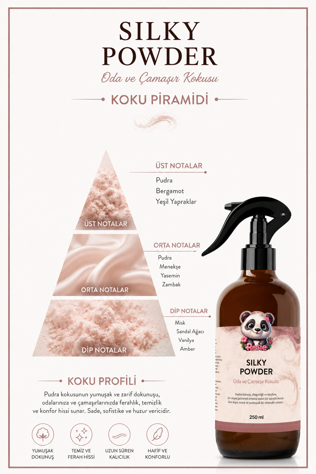 Rosie 3 adet Silky Powder Oda ve Çamaşır Spreyi 250 ml