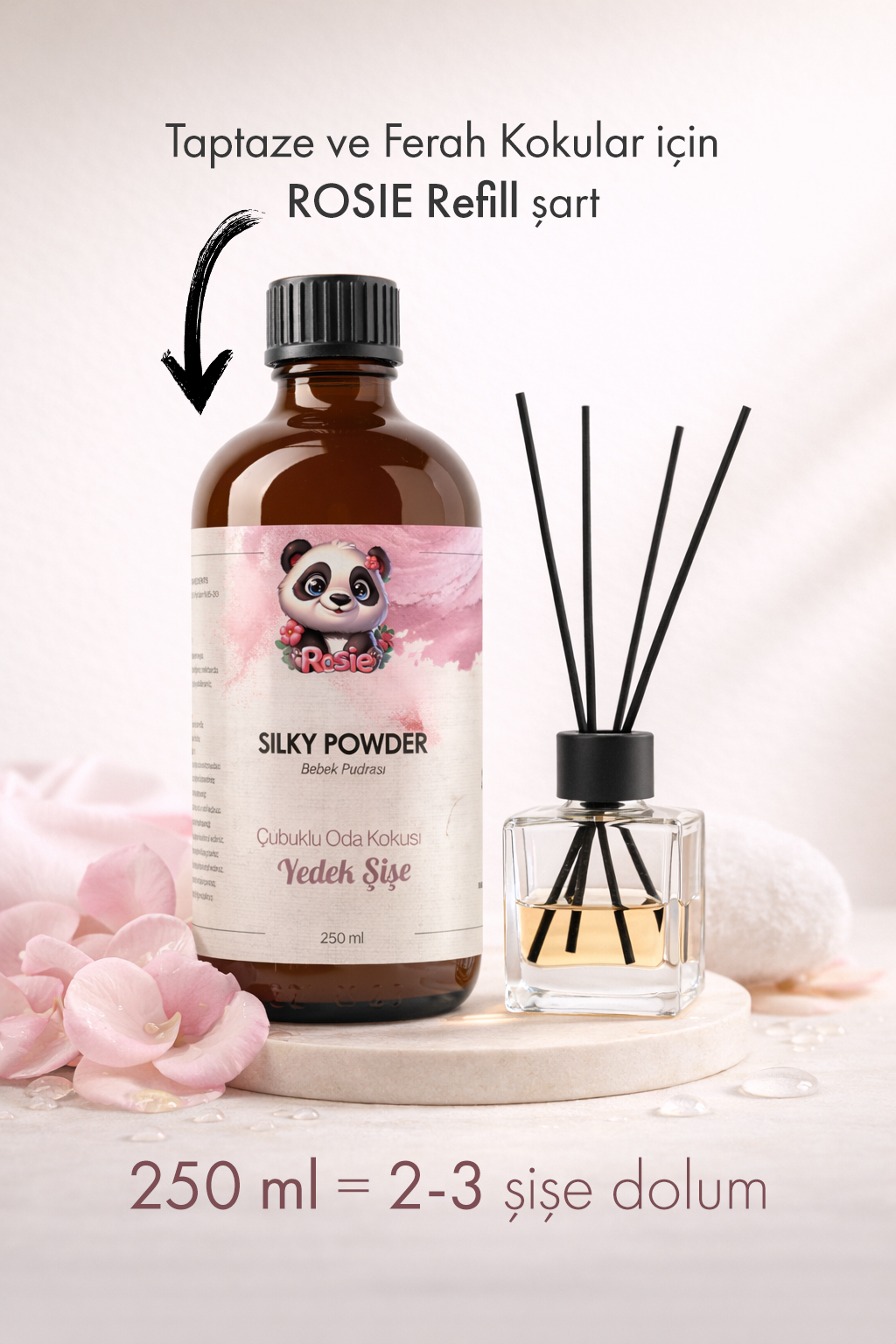 Rosie Silky Powder Çubuklu Oda Kokusu Yedek Şişe 250 ml – Pudramsı Ortam Kokusu, Reed Diffuser, Refill
