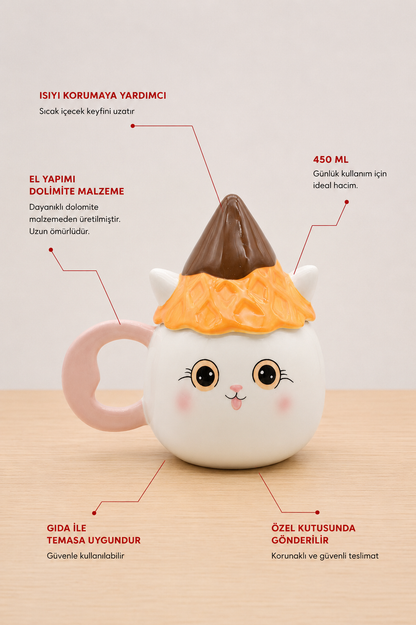 Şapkalı Kedi Figürlü Dolomite Kupa, El Yapımı 450 ML Kapaklı Mug