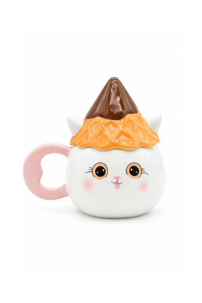 Şapkalı Kedi Figürlü Dolomite Kupa, El Yapımı 450 ML Kapaklı Mug