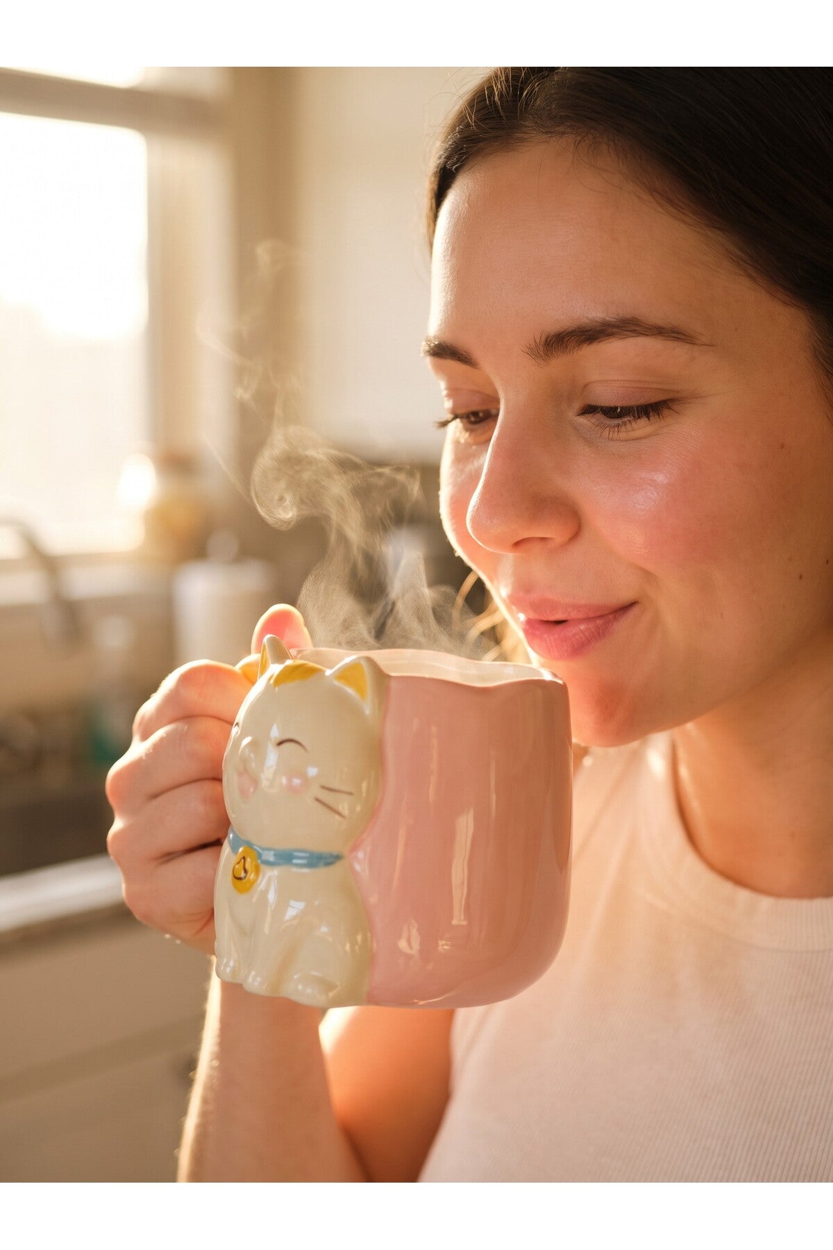 Sarı Kuyruk Detaylı Kulp, Pembe 3D Kedi Figürlü Kupa 405 ml
