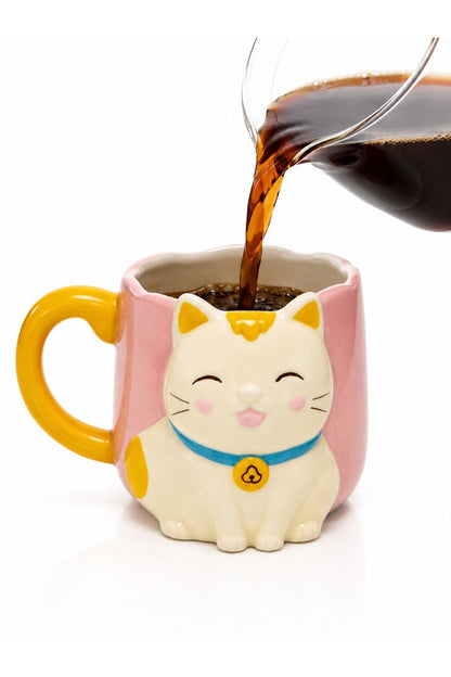 Sarı Kuyruk Detaylı Kulp, Pembe 3D Kedi Figürlü Kupa 405 ml