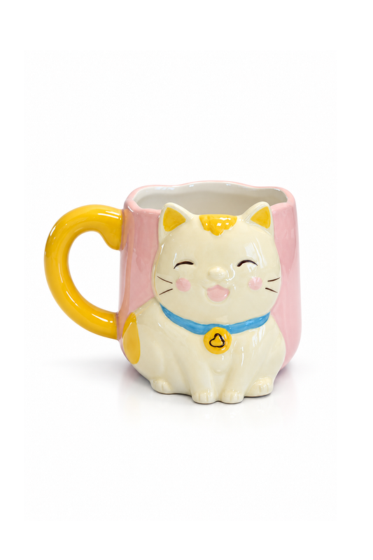 Sarı Kuyruk Detaylı Kulp, Pembe 3D Kedi Figürlü Kupa 405 ml