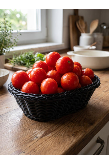 Siyah Oval Tasarım Hasır Detaylı Ekmek, Sebzelik Sepeti 27x 8 cm