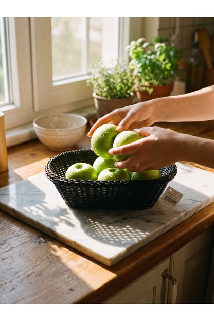 Siyah Oval Tasarım Hasır Detaylı Ekmek, Sebzelik Sepeti 27x 8 cm