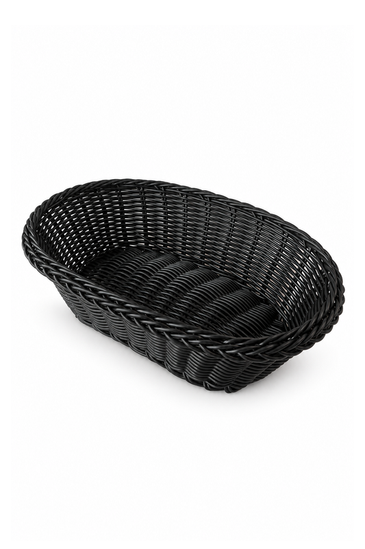 Siyah Oval Tasarım Hasır Detaylı Ekmek, Sebzelik Sepeti 27x 8 cm