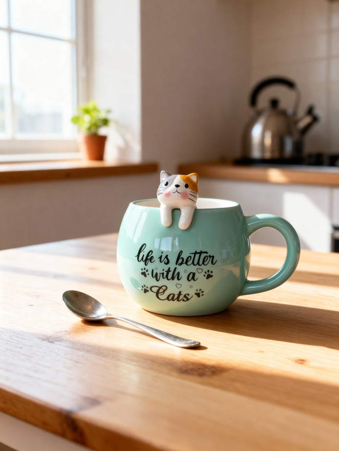 Turkuaz 3D Kedi Figürlü Kupa 420 ml