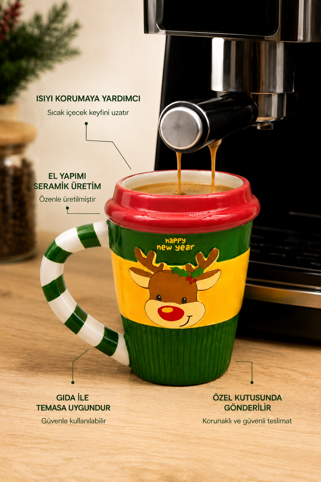 Yılbaşı Temalı El Yapımı Geyik Kupa, Hediyelik Kupa, Mug, 400 ml