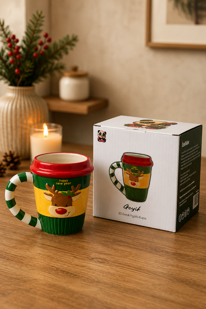Yılbaşı Temalı El Yapımı Geyik Kupa, Hediyelik Kupa, Mug, 400 ml